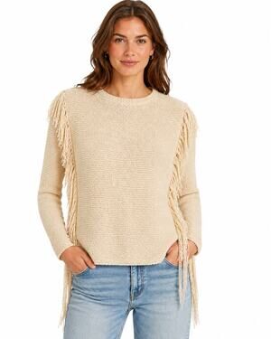Lauren Ralph Lauren Cream Fringe Oversized Knit Sweater Petite XS